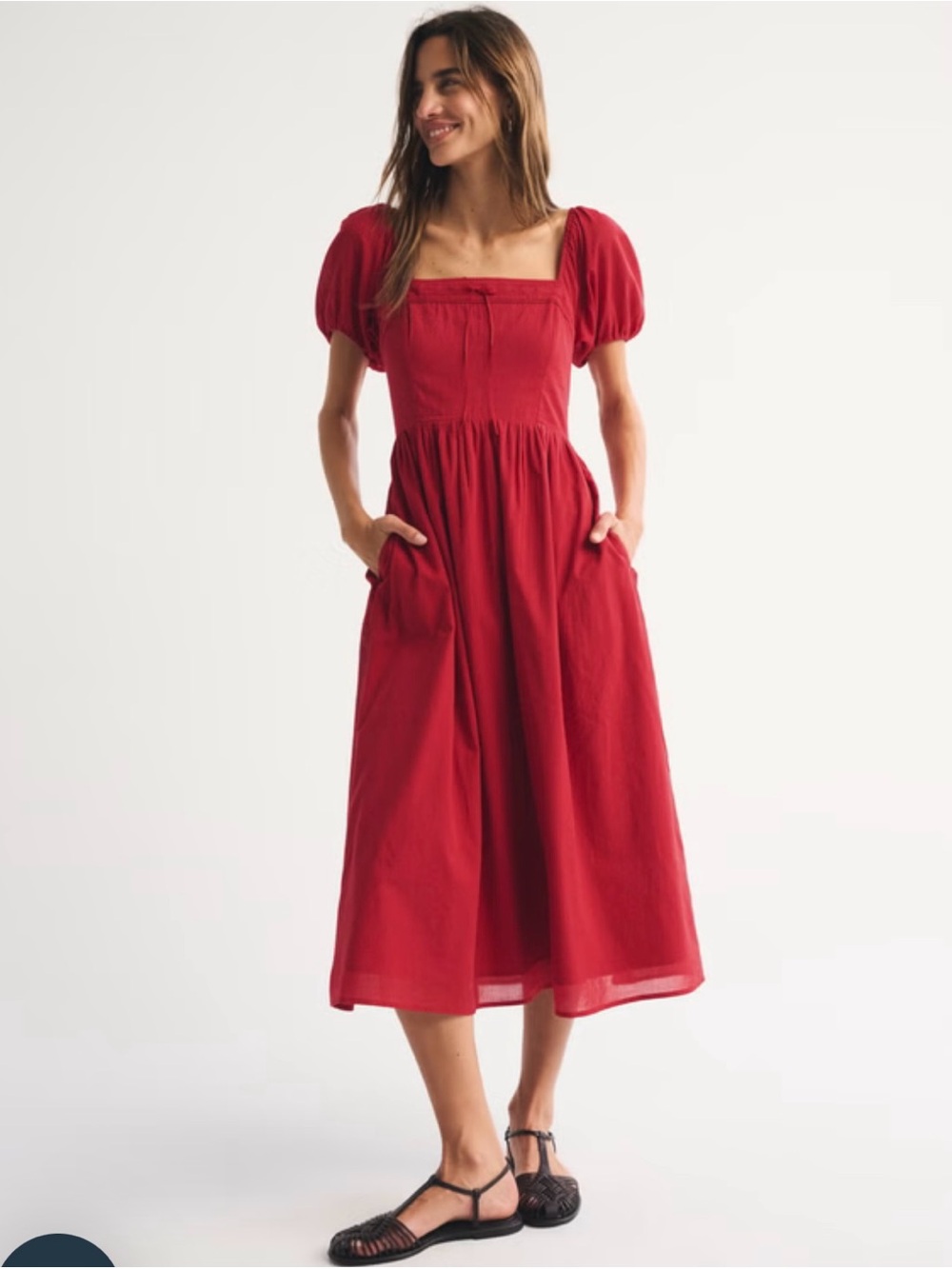 Abercrombie & Fitch Red Emerson Milkmaid Puff Sleeve Midi Dress small petite